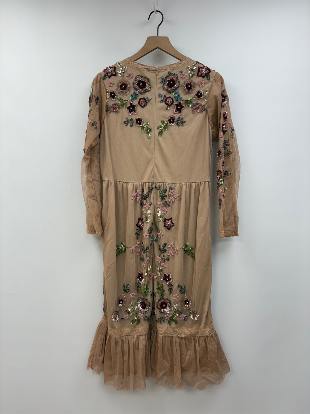 Frock and Frill Floral Sequin Embellished Mesh Ruffle A-Line Midi Dress Tan 12 - Picture 5 of 9